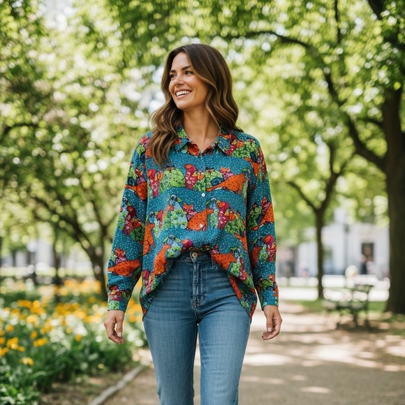 Nicole Taylor Vntg Cat Dog Silk Multicolor Beaded Whimsical Blouse Women’s 3X